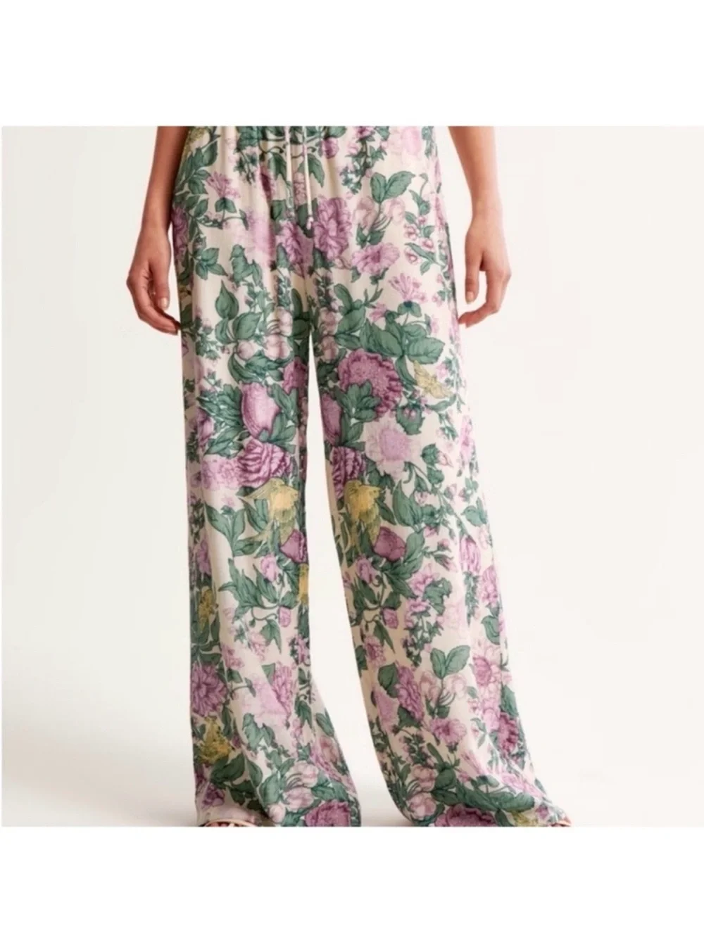 Abercrombie & Fitch Floral Wide-Leg Pants in Pink, Green & Cream